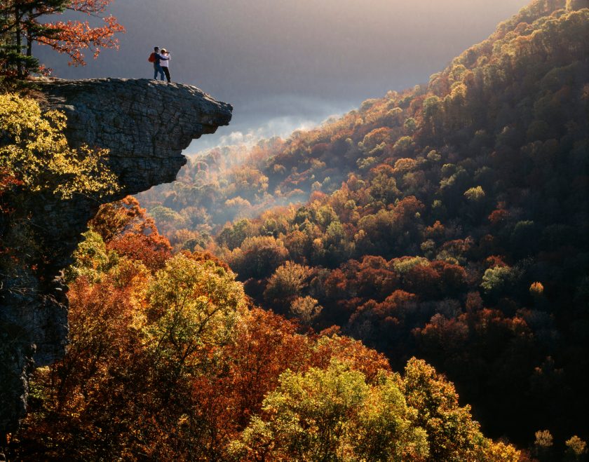 TWO PEOPLE HIKERS ON WHITAKER POINT IN UPPER BUFFALO RIVER WILDERNESS AREA OZARK NATIONAL FOREST NEAR BOXLEY ARKANSAS USA