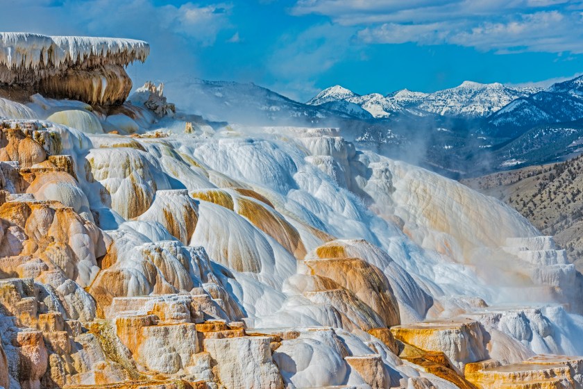 Canary Spring at Mammoth Hot Springs in Yellowstone National Park. Geothermal activity with travertine formation and terraces.