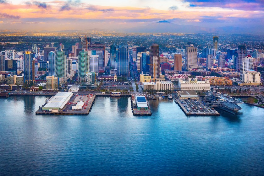 Downtown San Diego, California, shot during a helicopter photo flight as a winter storm cleared.