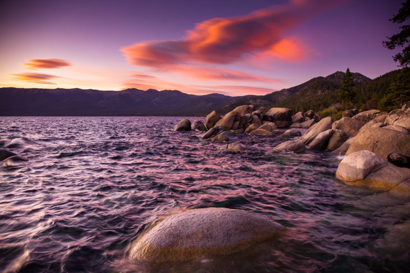 A dramatic sunset in the gorgeous setting of Sand Harbor, on the Nevada side of Lake Tahoe