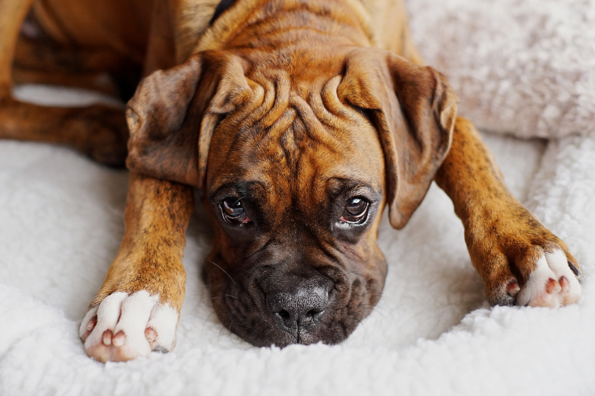 boxer lays on the ground
