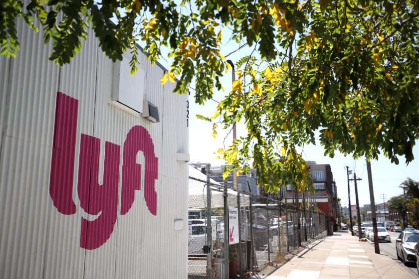 A sign is posted in front of a Lyft driver center on August 12, 2020 in San Francisco, California