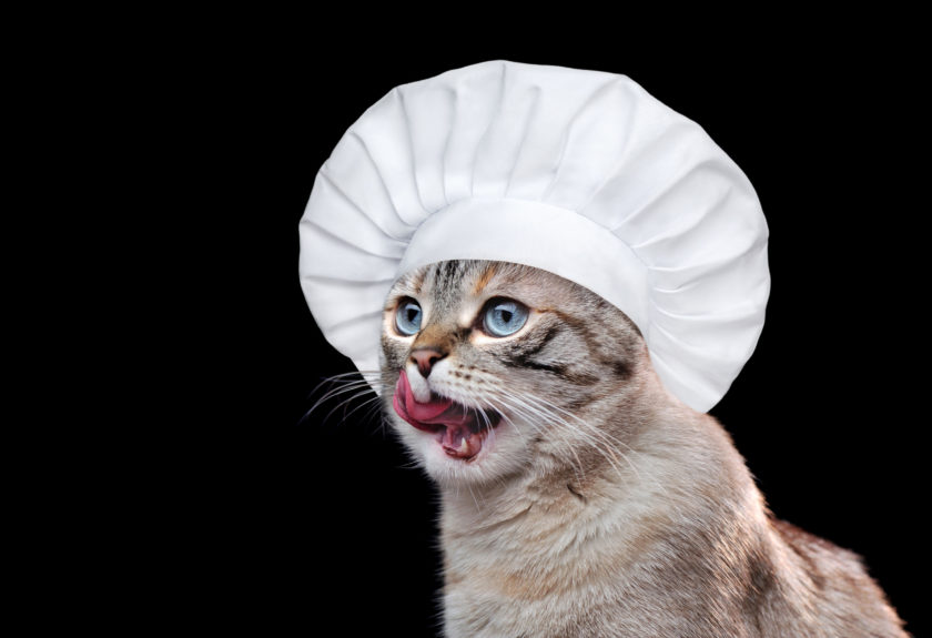 Cat wearing a chef's hat and licking it's lips.