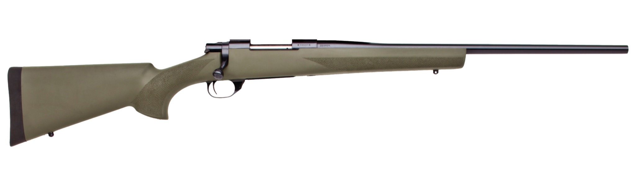 A bolt-action rifle chambered in 22-250 Remington.