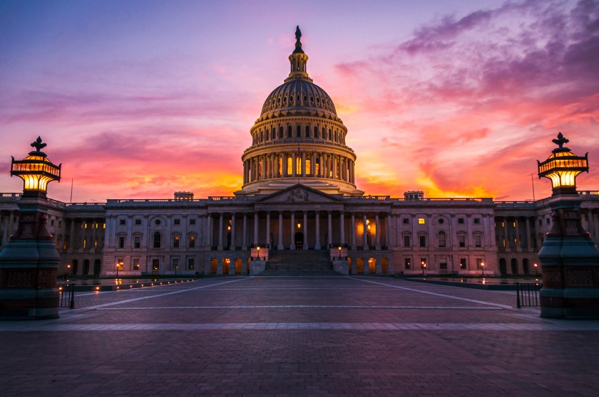 The capital dome illuminated after dark in Washington DC