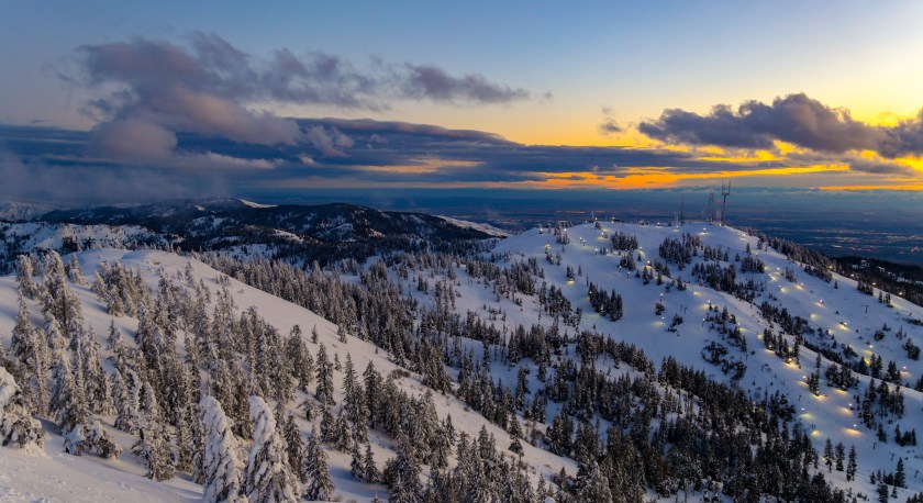 Sunset night skiing at Bogus Basin ski area in Boise, Idaho