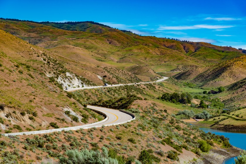 Near the start of the Ponderosa Pines Scenic Byway as viewed from a viewpoint in Lucky Peak National Recreation Area