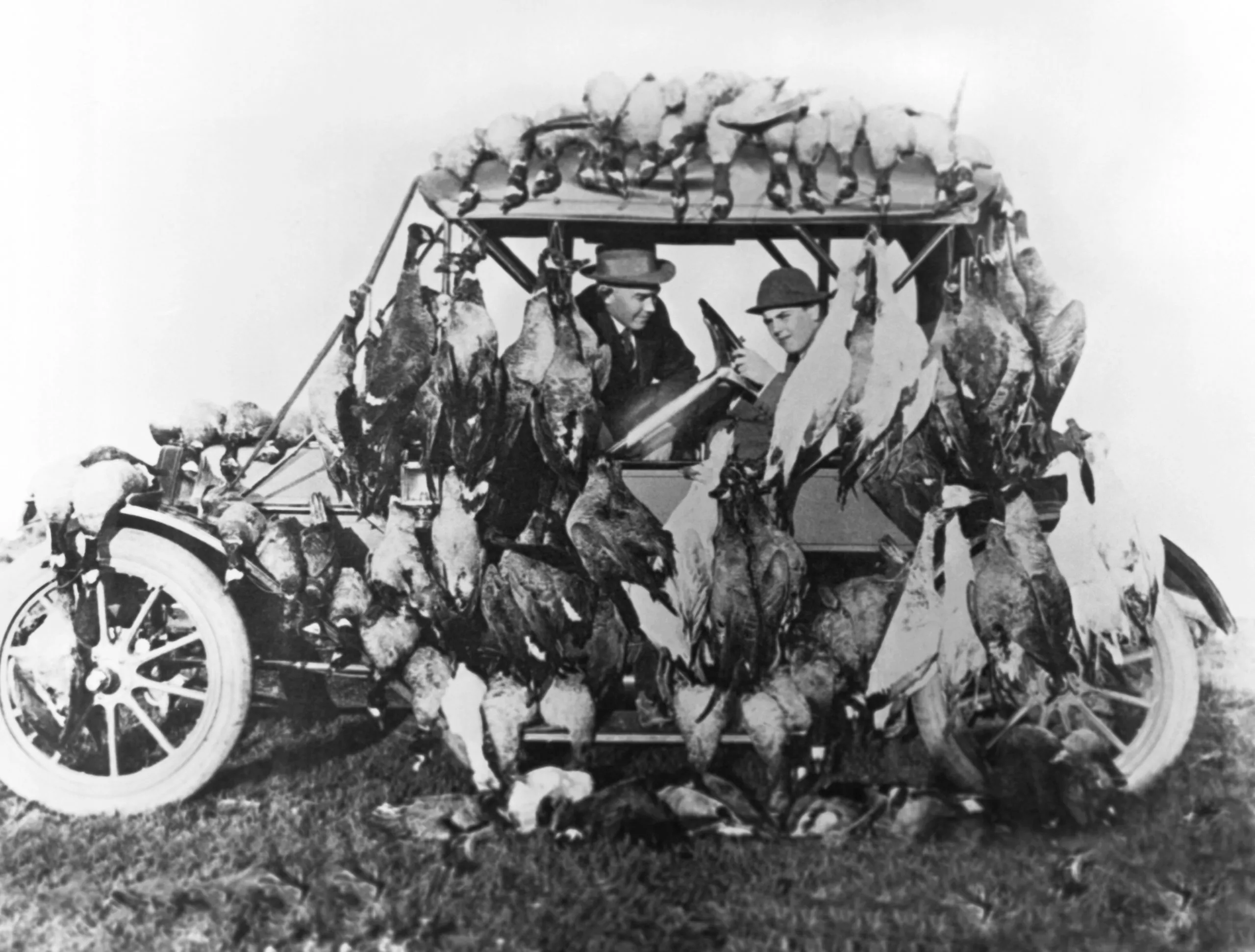 Hunters with a car laden with geese and ducks, mid 1910s. (Photo by Malcolm Lubliner/Underwood Archives/Getty Images)