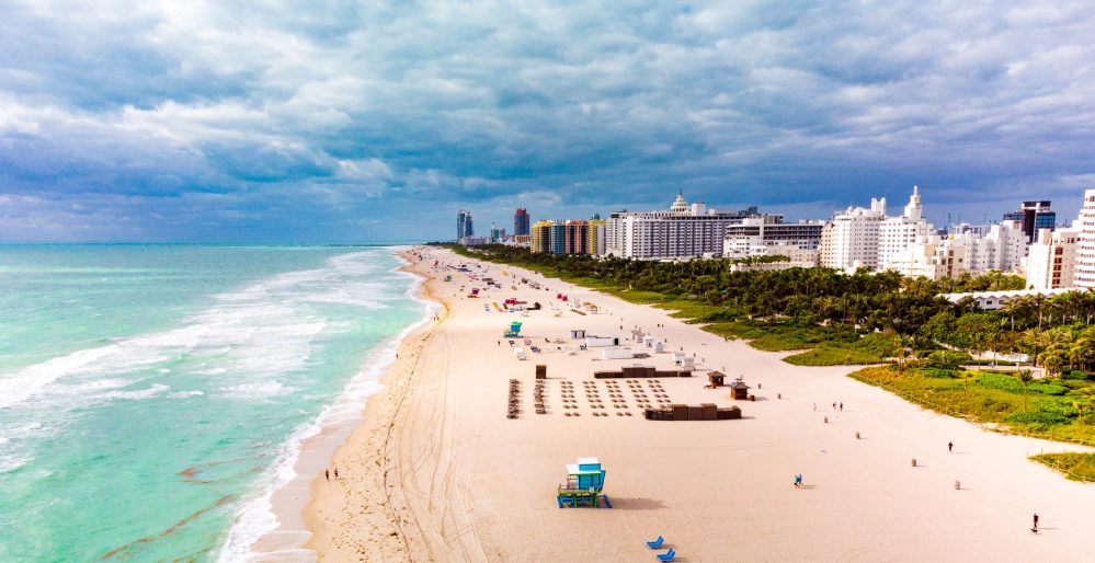 Aerial view of the beach and skyline at South Beach, Miami, Florida, USA