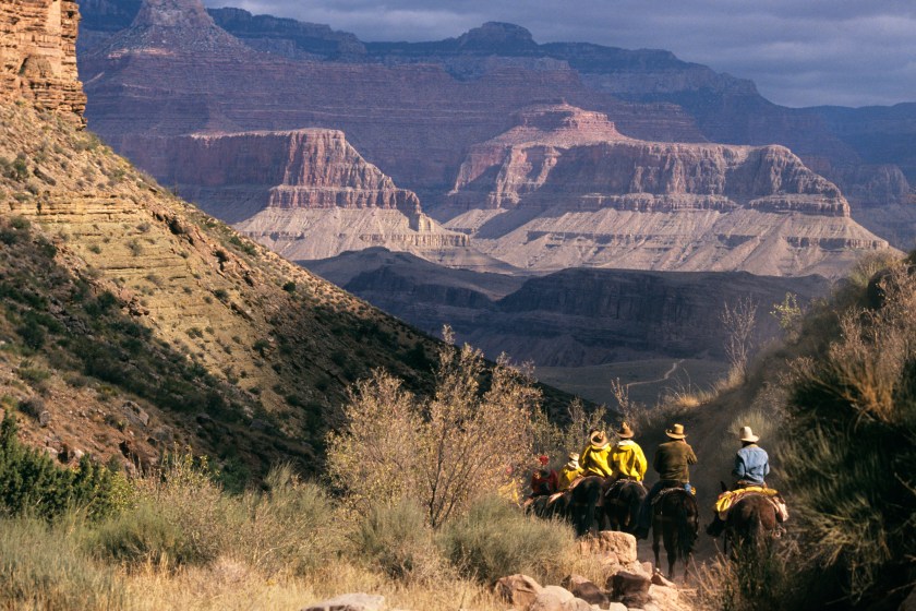 1990s Anonymous People Mule Riders Going Down Bright Angel Trail Grand Canyon National Park Arizona USA. (Photo by B. Von Hoffmann/ClassicStock/Getty Images)