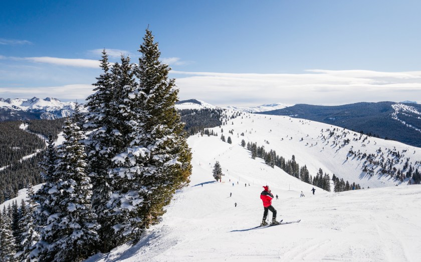 Coniferous forest covered by snow with skiing slopes in the foreground and Rocky Mountains in the background. This photograph was taken in Vail, Colorado.