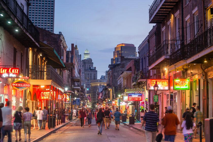 NEW ORLEANS, LOUISIANA - AUGUST 23: Pubs and bars with neon lights in the French Quarter, downtown New Orleans on August 23, 2015.