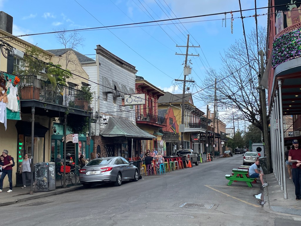 Frenchman Street, a street full of bars and music during Mardi Gras in New Orleans