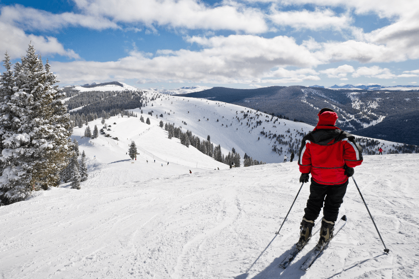 Coniferous forest covered by snow with skiing slopes in the foreground and Rocky Mountains in the background. This photograph was taken in Vail, Colorado.