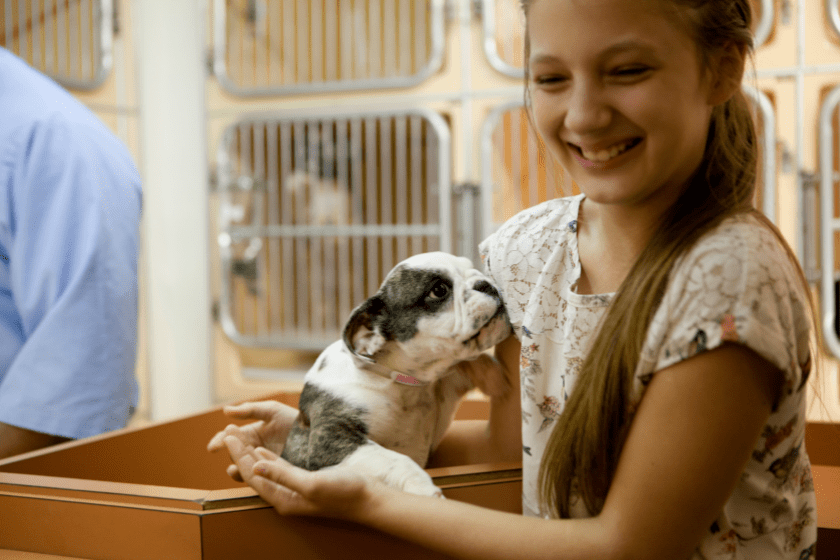 puppy meets girl at a shelter