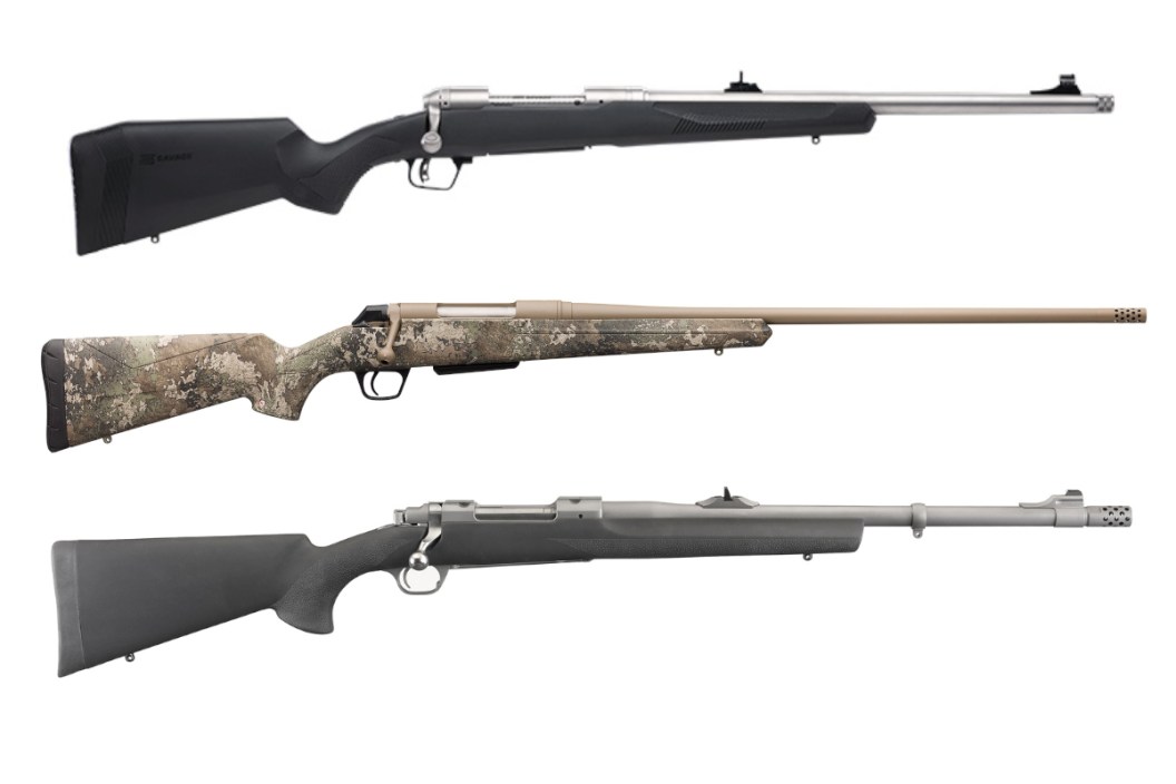 Three hunting rifles chambered for 338 Winchester Magnum