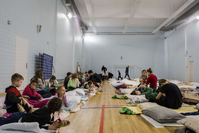 DNIPRO, UKRAINE - MARCH 04: Civilians from Kharkiv settle at refugee center on the 9th day of large-scale Russian attacks in the country, in Dnipro, Ukraine on March 04, 2022.