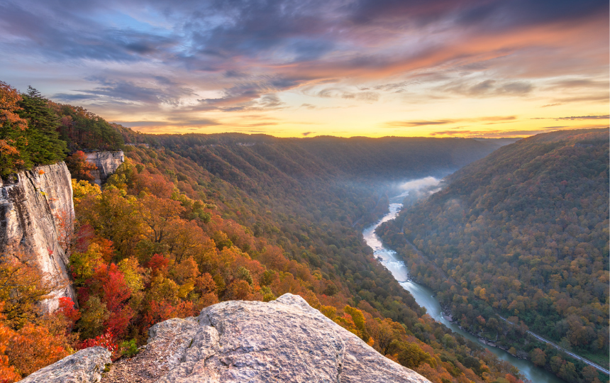 New River Gorge, West Virgnia, USA autumn morning landscape at the Endless Wall.