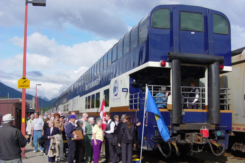 The Rocky Mountaineer boards at Banff.