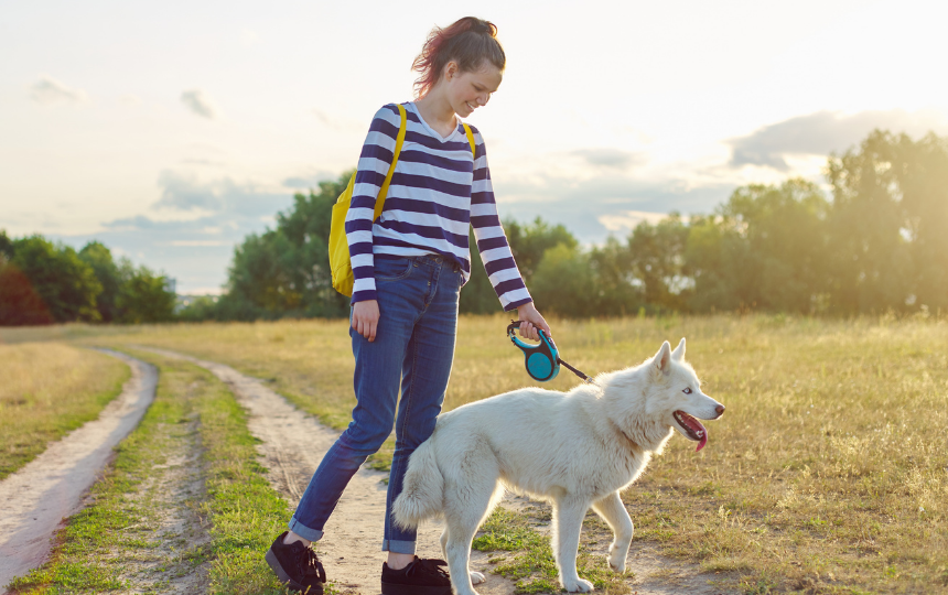 teenager walks dog in a field