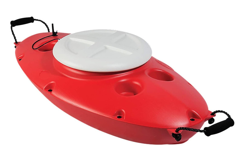 A floating kayak cooler for paddling.