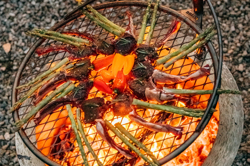 Wild game meats cooking over a Breeo fire pit.