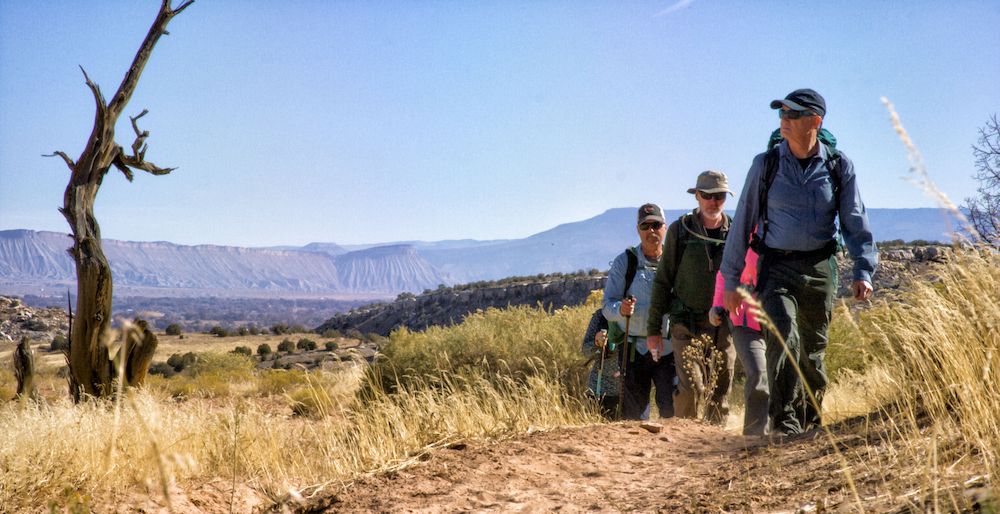 A Small Group of Mature Caucasian Men and Women Hike Together in the Rocky High Desert Mountains of Western Colorado on a Clear, Sunny Day with the Grand Mesa and the Bookcliff Mountain Range in the Distance