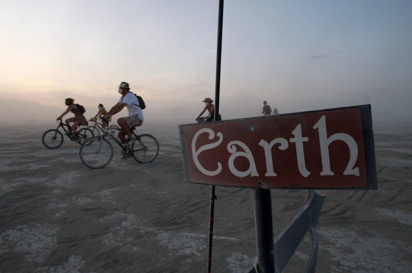 A group of burners found their way through a dust storm on the playa during the Burning Man festival in Black Rock City., NV on September 4, 2009.