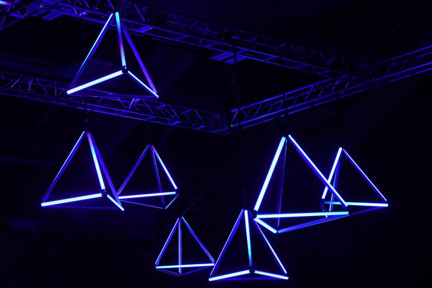 Fluorescent light art is shown hanging from the ceiling of a concert venue at the Boston Calling music festival on May 24, 2019.