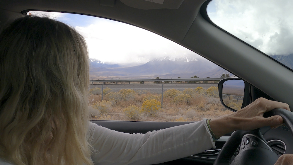 Woman drives car down desert road, in autumn