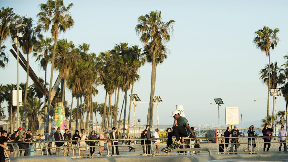 Skateboarders enjoy the Venice Beach skate park on May 31, 2018 in Los Angeles.