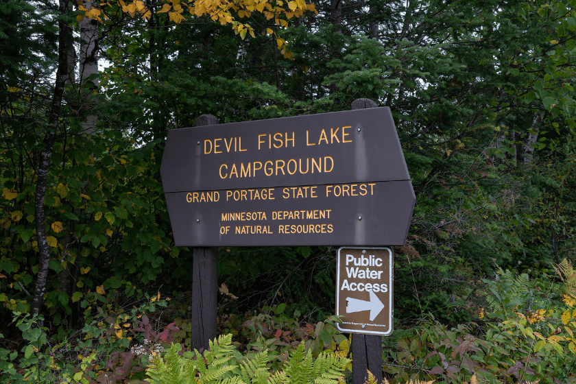 Signage for the Devilfish Lake Campground in the Grand Portage State Forest, Northern Minnesota.