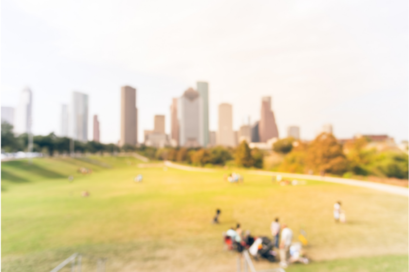 Vintage blurred people having picnic on green lawn urban park with downtown skyline in background. Friends Outdoor Nature Picnic Chilling Out Unity Concept, healthy lifestyle at Houston, Texas, USA