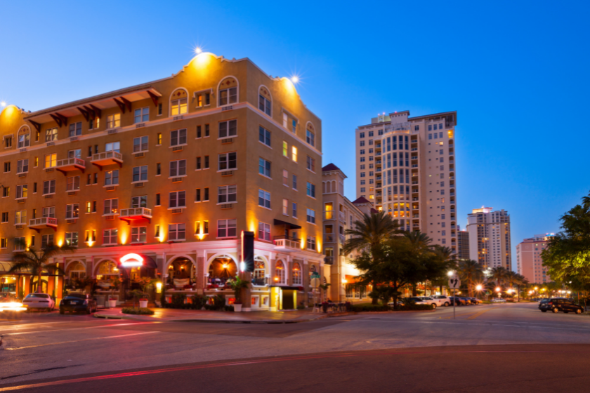 Restaurants along the palm tree lined Beach Drive in downtown St. Petersburg, Florida, USA