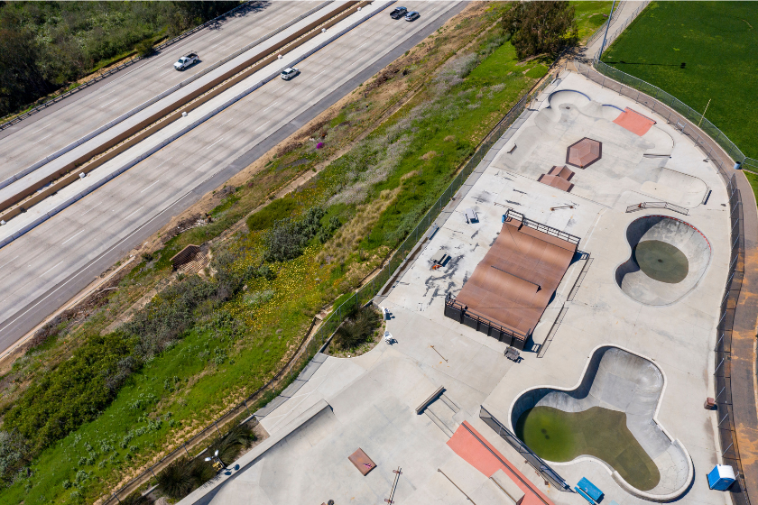 Aerial view of the Magdalena YMCA Skate Park and an empty 5 Freeway