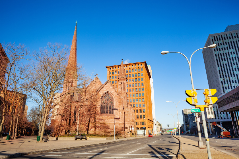 St. Paul's Episcopal Cathedral on Church street in Buffalo, NY, USA