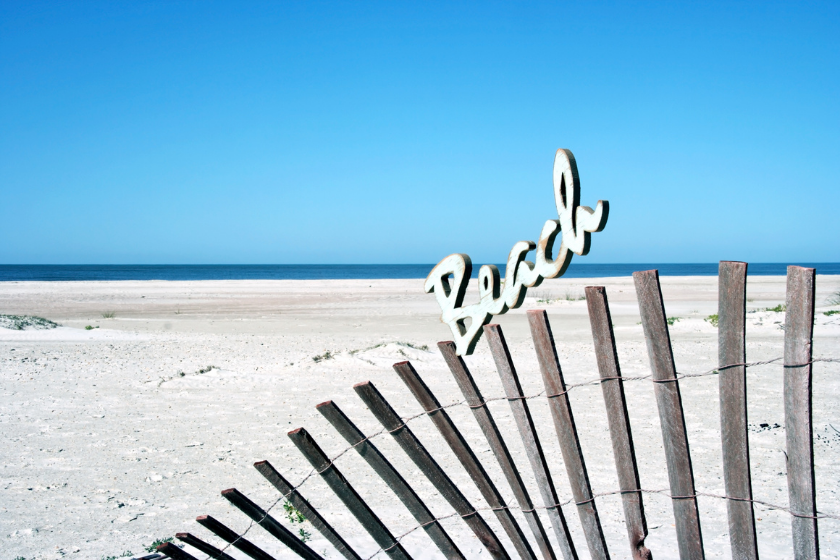 Beach, Cape San Blas, Florida. Dune fence and Gulf
