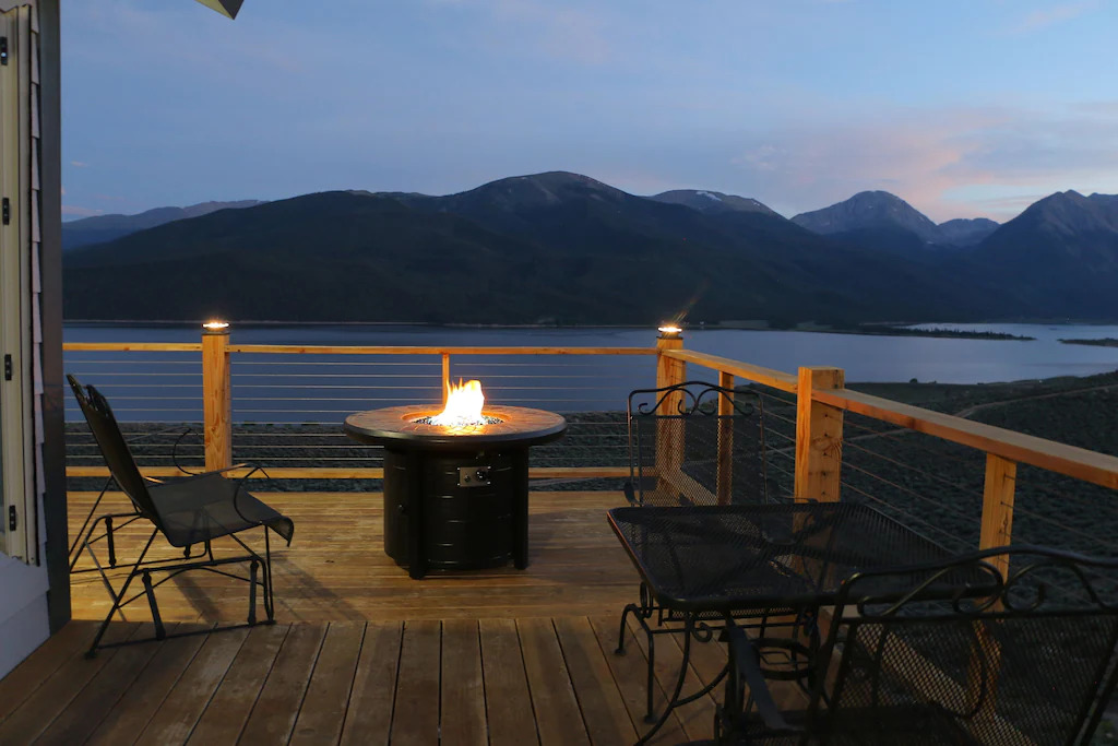 view at night of giant colorado lake from cabin patio