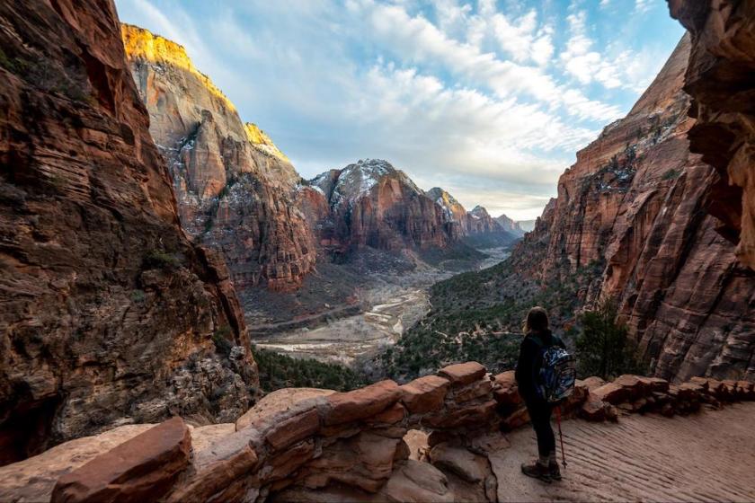 a winding road cuts through lush green canyon walls