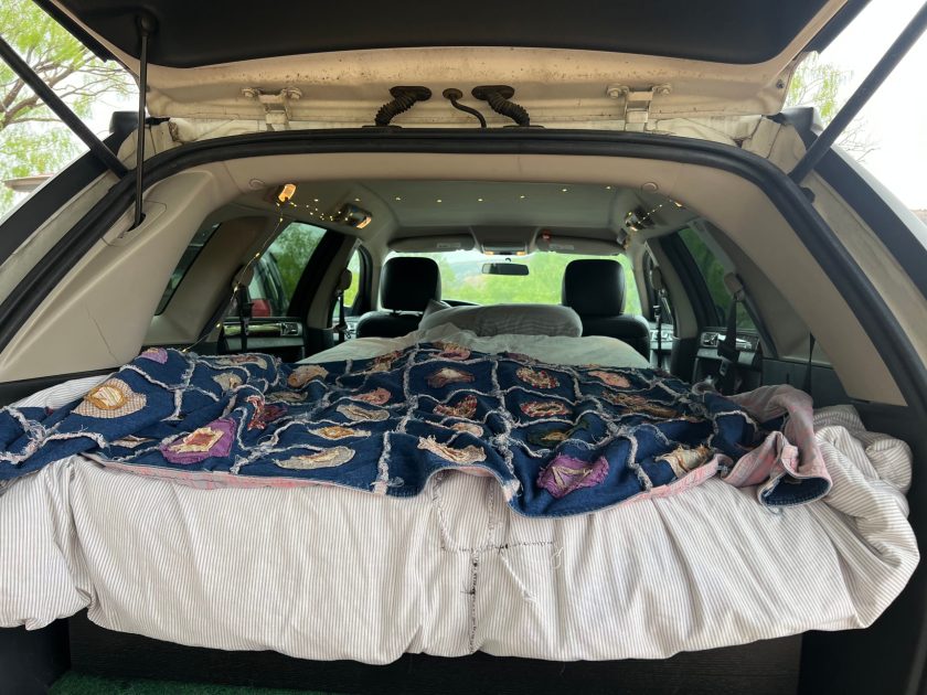 Transformed car into sleeping area for camping at Palo Duro Canyon State Park