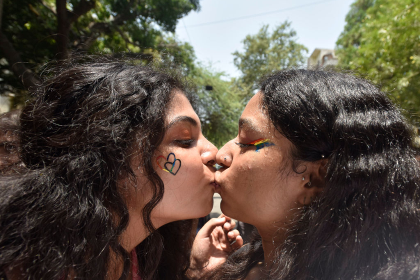Members of the LGBTQ community, activists and supporters participating in Pride parade outside Shaheed Bhagat Singh College Sheikh Sarai on June 16, 2022
