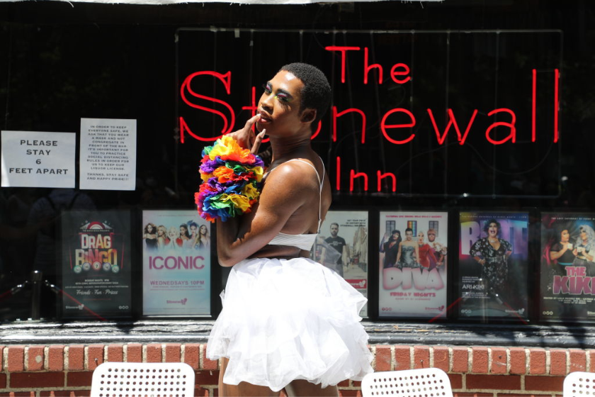 Jeffrey poses in front of the Stonewall Inn to celebrate the 50th Anniversary of the NYC Pride March on Christopher Street.