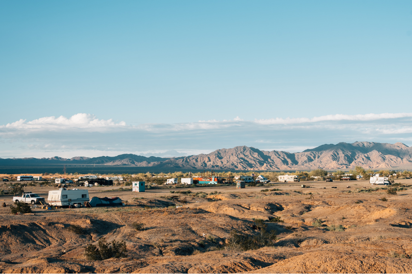 View of the desert landscape in Slab City, California