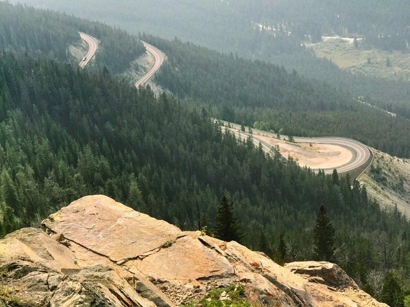 Beartooth Highway as seen from Absaroka mountain range, Yellowstone National Park.