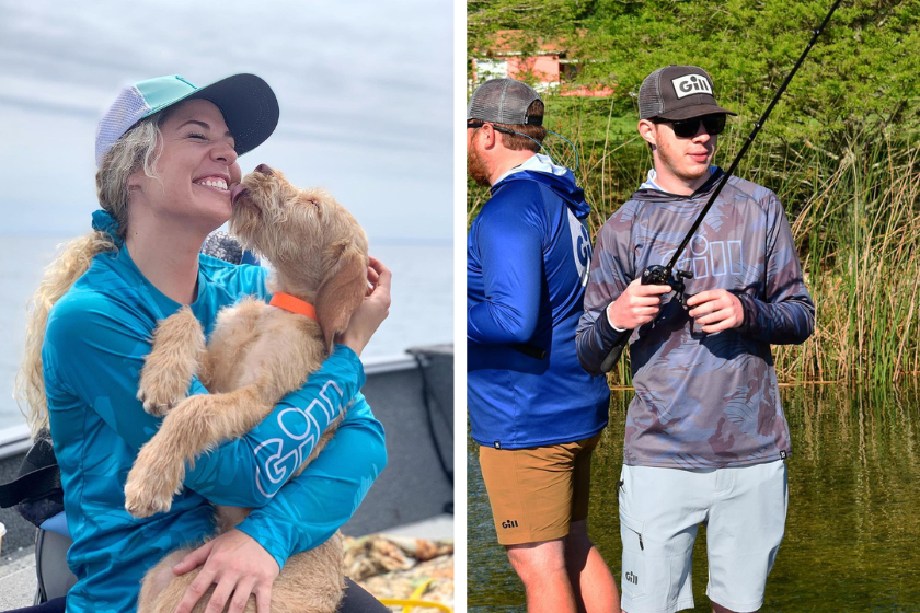 LEFT: A woman wearing a blue Xpel Tech Hoodie hugs her dog on a boat. RIGHT: Two young fishermen fish on a lake. One is wearing an Xpel Tech Hoodie.