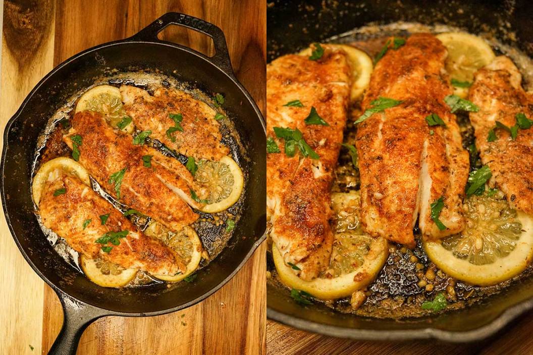 Blackened flounder cooked in a cast iron skillet.