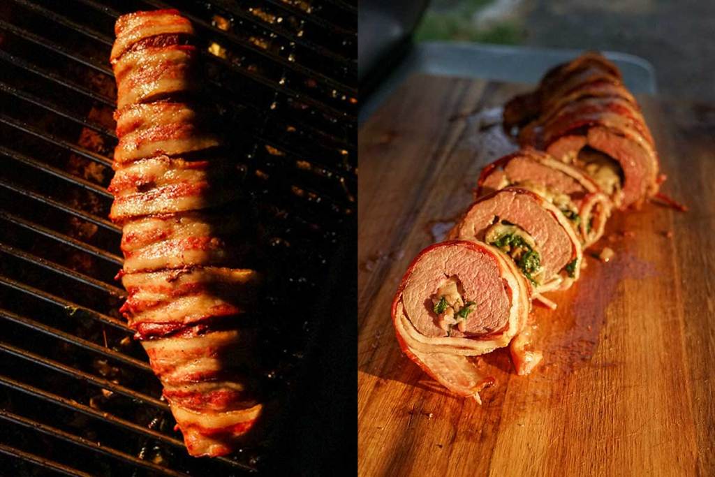 Side-by-side photos of a mushroom and provolone stuffed venison backstrap on a grill and sliced on a cutting board