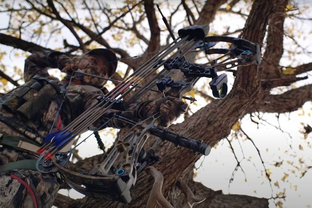 Female hunter stands in a tree and aims a hunting bow