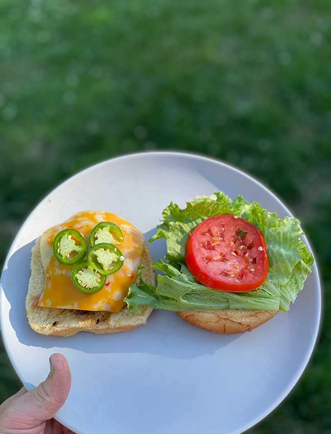 A hand holding an axis venison burger on a white plate