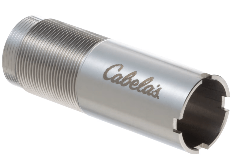 A silver choke tube with the Cabela's logo etched onto it